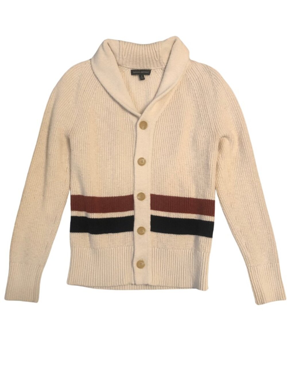 Banana Republic Mens Cotton Cream Ribbed Knit Cardigan Preppy Shawl Collar